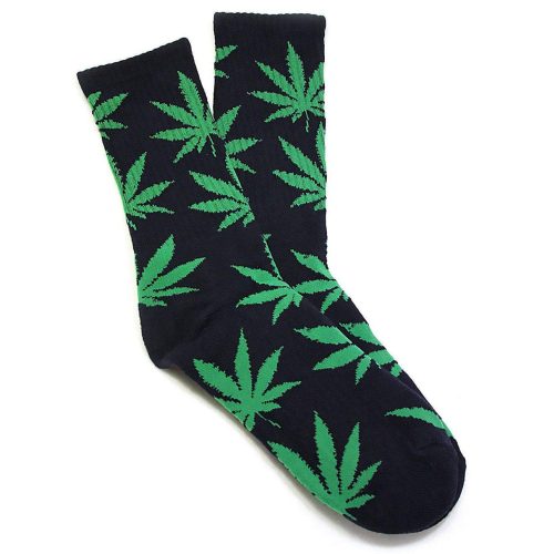 black Stylish two piece adult socks fashion apparel with a classic look and funky green weed leaf design