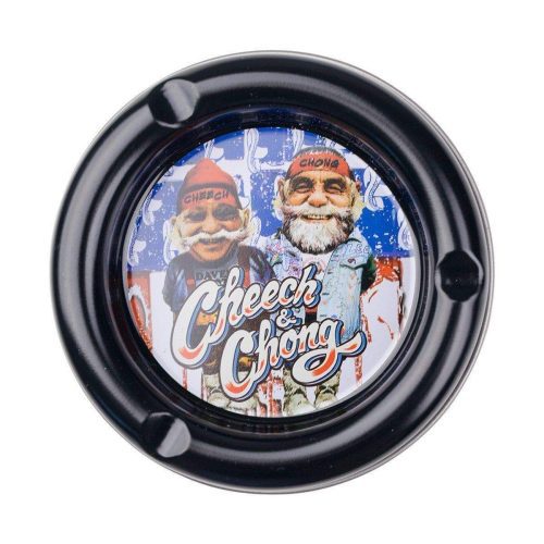 Multipurpose round stash tray plate smoking accessory in different colors with fun comedy duo Cheech n Chong designs