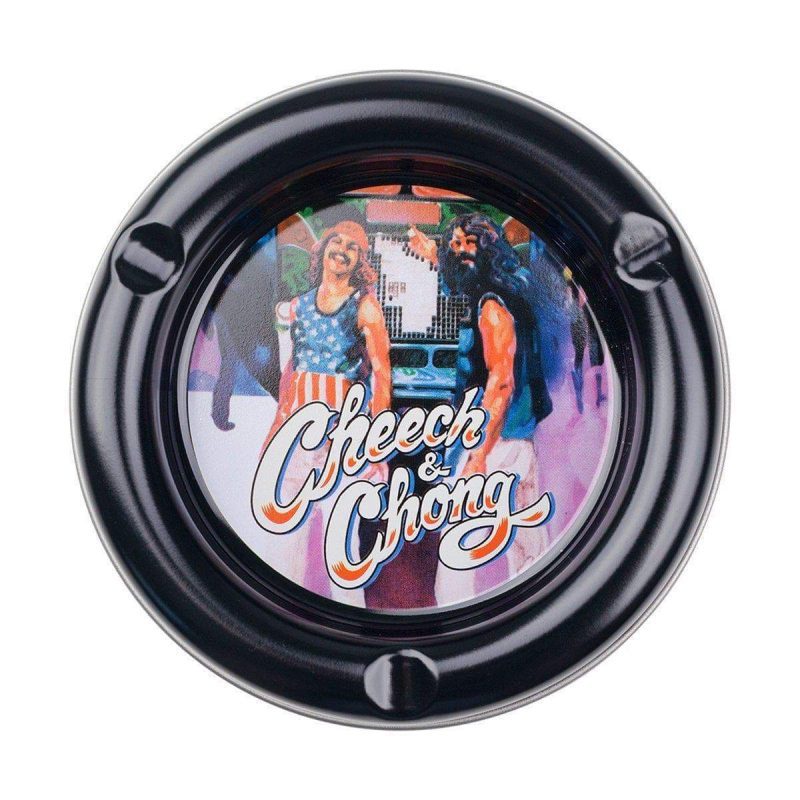 Multipurpose round stash tray plate smoking accessory in different colors with fun comedy duo Cheech n Chong designs