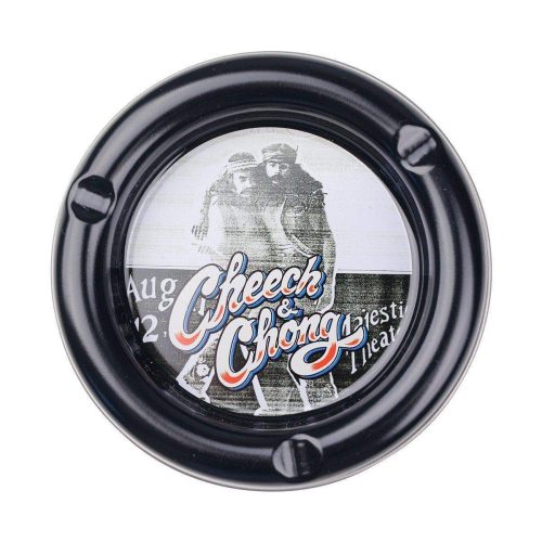 Multipurpose round stash tray plate smoking accessory in different colors with fun comedy duo Cheech n Chong designs