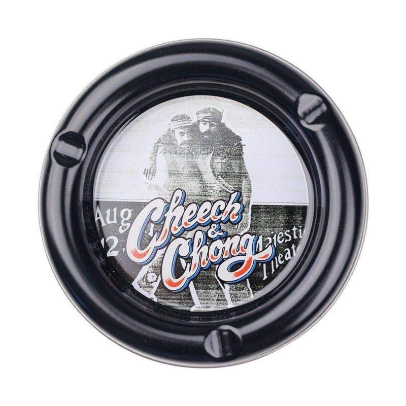 Multipurpose round stash tray plate smoking accessory in different colors with fun comedy duo Cheech n Chong designs